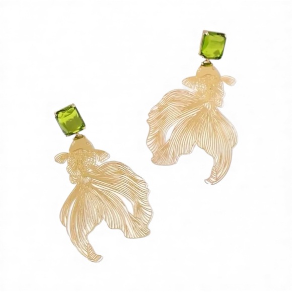 Whimsy_and_Rose Jewelry - Green Rhinestone Gold Koi Fish Statement Dangle Earrings